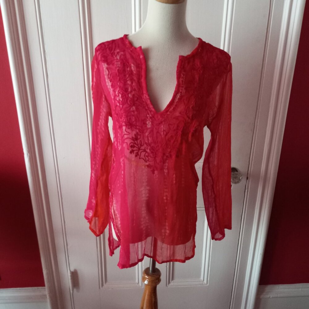 CHICO'S RED SILK CHIFFON EMBROIDERED TUNIC TOP NWOT S
